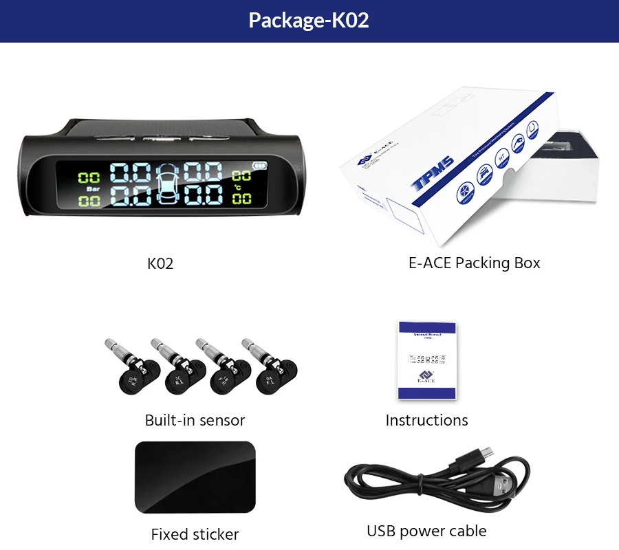 E-ACE Solar Power TPMS Car Tire Pressure Alarm Monitor System Auto Security Alarm Systems Tyre Pressure Temperature Warning