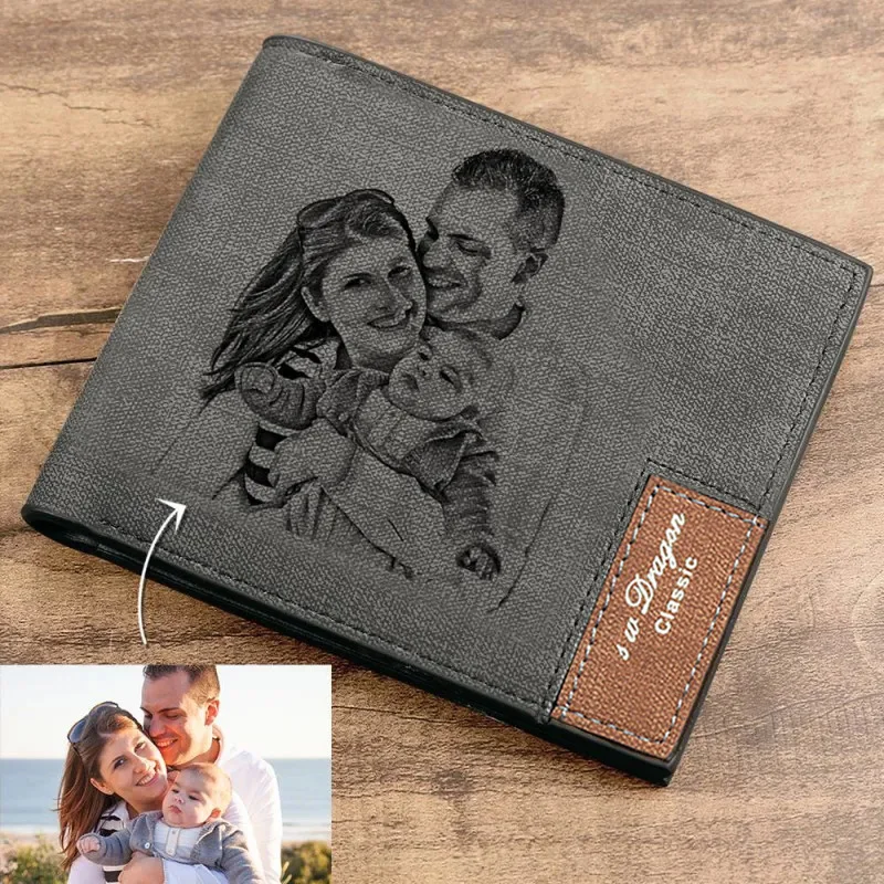 Men's Engraving Custom Inscription Photo Engraved Wallet Short wallet purse Custom postcard wallets engraved leather wallets