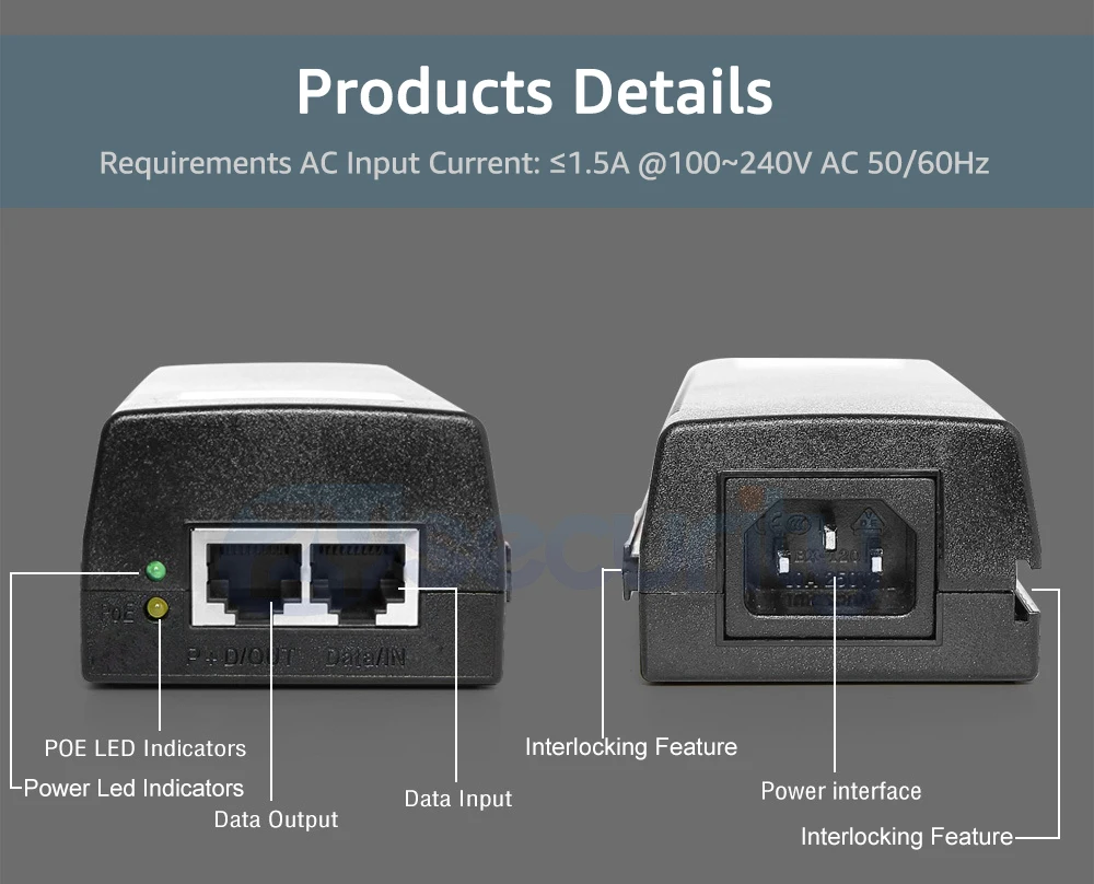 PoE инжектор 1000 Мбит/с гигабит 48 в 30 Вт AC 100 240 IEEE 802.3u 100BaseTx Power Over Ethernet RJ45 адаптер для IP