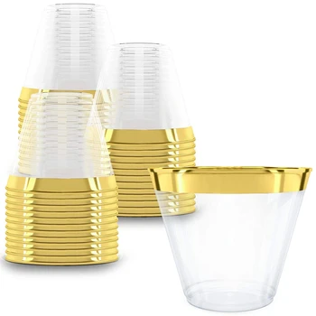 

Botique-60Pcs/Lot 201-300Ml 9Oz Gold Plastic Cups Wedding Birthday Party Tableware Disposable Cups Party Supplies New Year Party