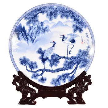 

Longevity Crane And Plate Ceramic Ornamental Plate Chinese Decoration Plate Wood Base Porcelain Plate Set Wedding Gift