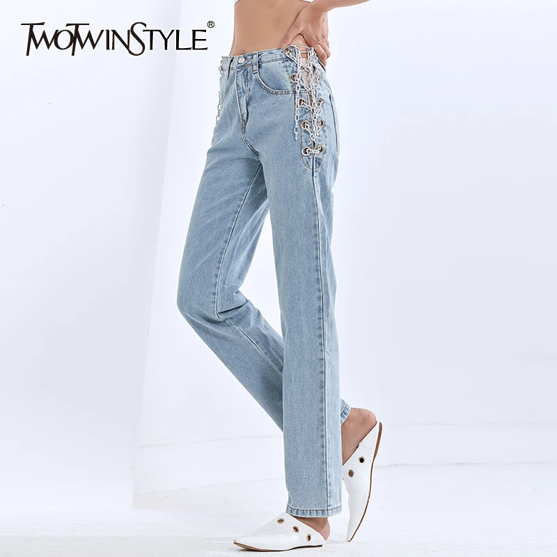 

TWOTWINSTYLE Chain Jeans For Women High Waist Hollow Out Straight Vintage Casual Blue Denim Pants Female 2020 Fashion Clothing