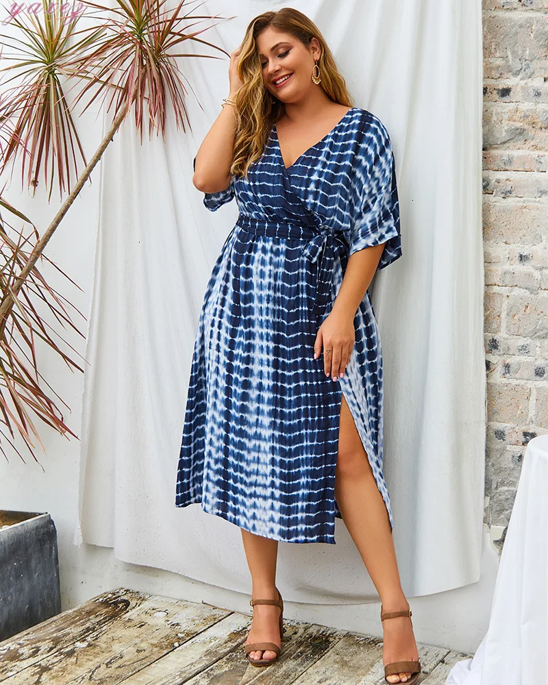 Fashion Summer Vacation Dress Deep V-neck Sexy Tie Dye Leisure Dress Elegant Vintage Short Sleeve Loose Dress