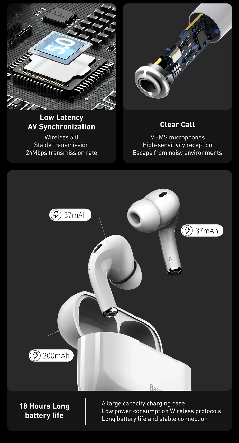 Baseus W3 Écouteurs sans fil Bluetooth 5.0 TWS étanches IP55-2