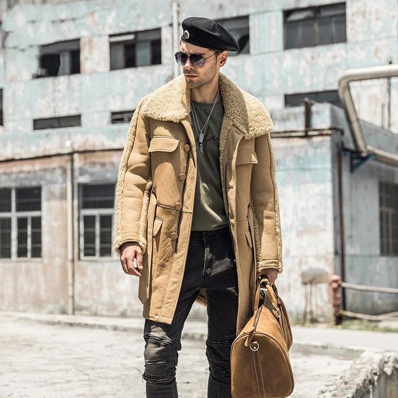 

Mens Runway Natural Shearling Military Mid Long Coat Belted Khaki Real Lamb Wool Fur Overcoat Winter Warm Genuine Leather Jacket