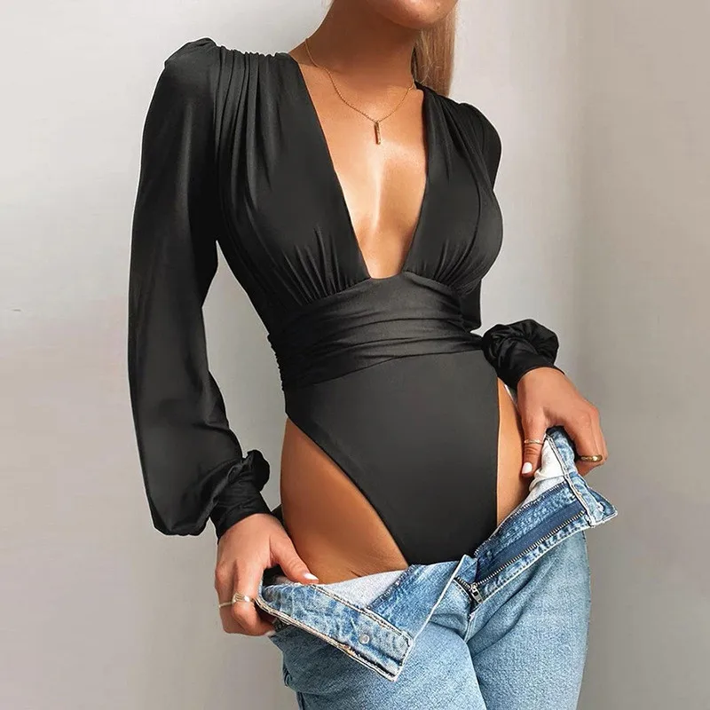 2020 Autumn Winter Rompers Women Jumpsuits Sexy Club V Neck High Waist Solid Bodycon Regular Long Sleeve Female Bodysuits Women red bodysuit Bodysuits