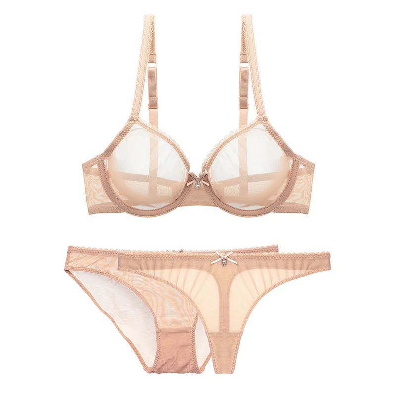 Beige Varsbaby сексуальное Сетчатое кружевное нижнее белье прозрачное без подкладки 1 бюстгальтер+ 2 набор бюстгальтеров и трусиков размера плюс 32-42CDE - Цвет: Beige