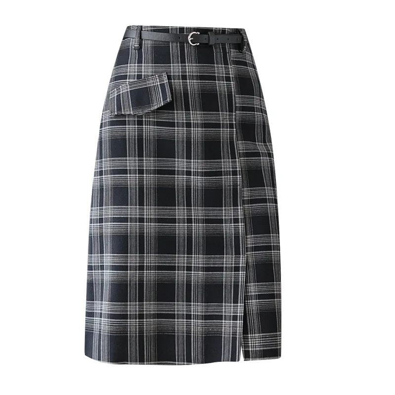 Autumn Winter High Waist Fashion Slimming Long cotton Plaid Warm Skirts Womens Split Sexy Vintage Wrap Gray Skirt Girl School new autumn fashion high quality kids letter style baby blankets double jacquard air conditioning knitted cotton boy girl blanket