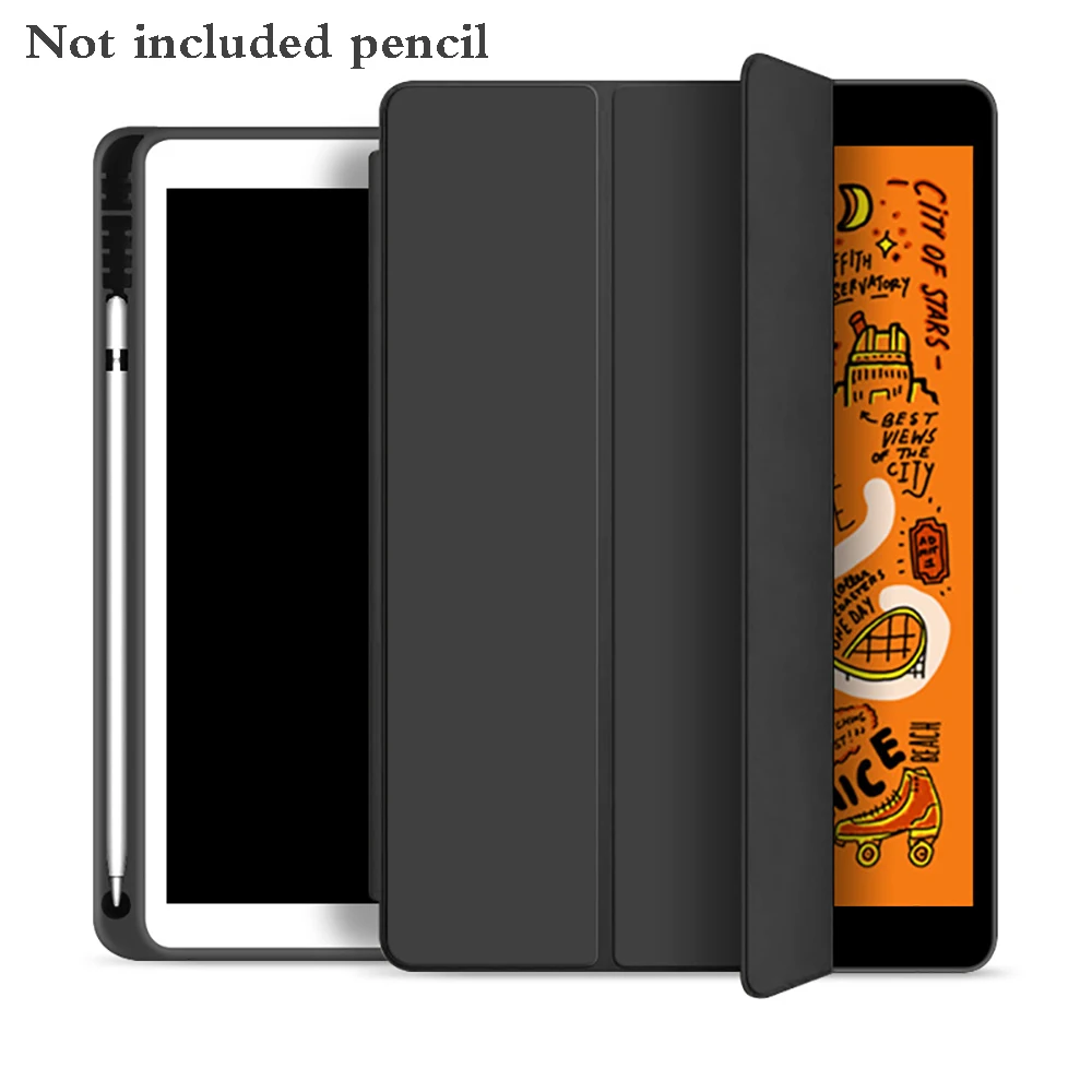 For New iPad 10.2 inch Model A2197 7th Gen Cover With Pencil Holder, Slim Tri-fold PU Leather Smart Case have wake up sleep - Цвет: Black