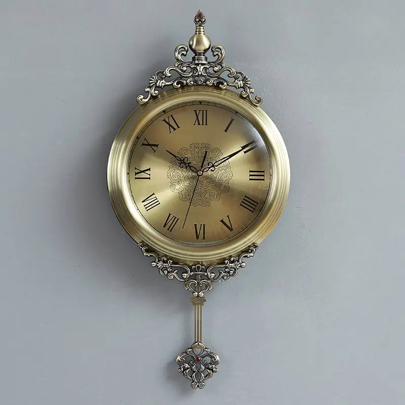 European Vintage Luxury Wall Clock Large Pendulum Living Room Creative Metal Retro American Art Watch AB50ZB |