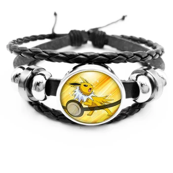

Hot! Retro Mini Squirtle Eevee Vulpix Simple Anime Pokemon Go Black Leather Bracelet Pikachu Glass Snap Pokemon Children Gift