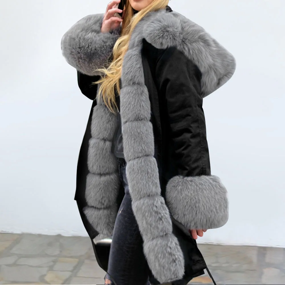 Толстые плюшевые зимние парки пальто из искусственного меха женская куртка-пуховик размера плюс длинное пальто уличная одежда с капюшоном черная теплая верхняя одежда более размера - Цвет: Серый