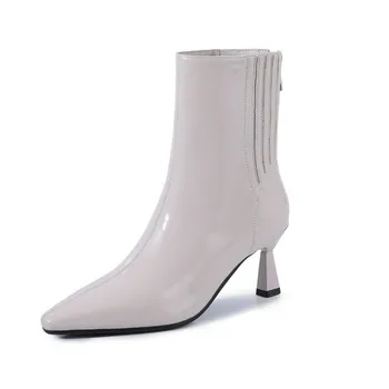 

Elegant Ankle Boots Off White Back Zipper High Heels Boots For Women 2020 Autumn Winter Wedding Party dress Shoes Woman Heels