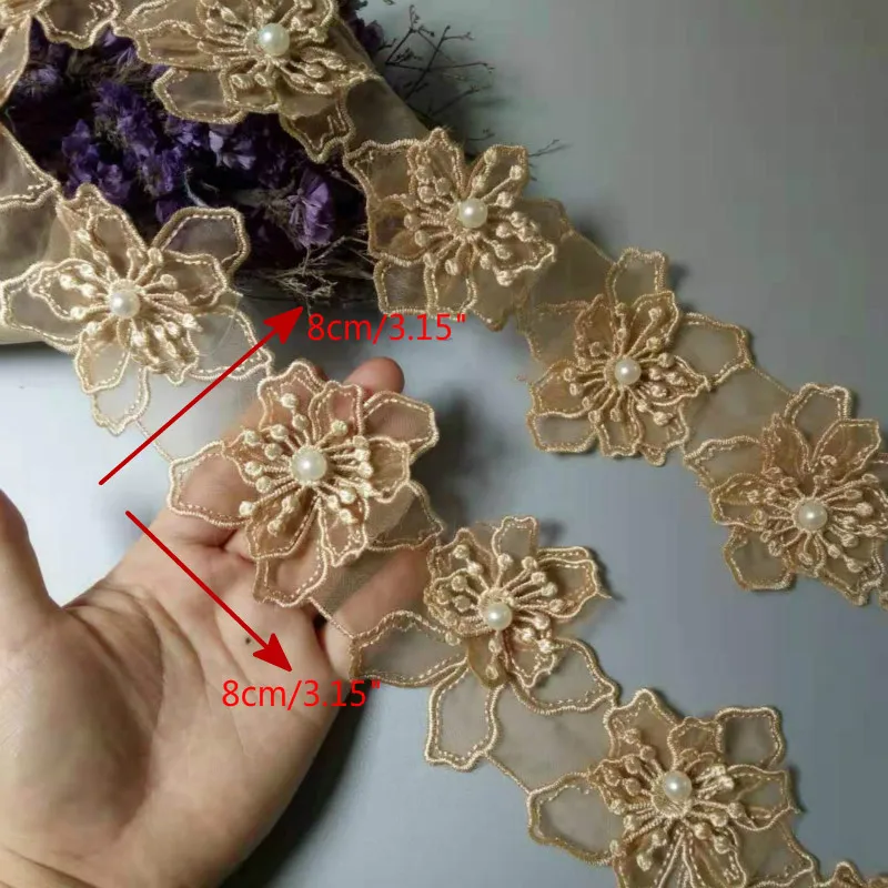 20Pcs/Lot 8cm Gold Petal Flower Organza Embroidery Fabric Lace Patch Trim Clothes 3D Beading Wedding Dress Diy Applique | Дом и сад