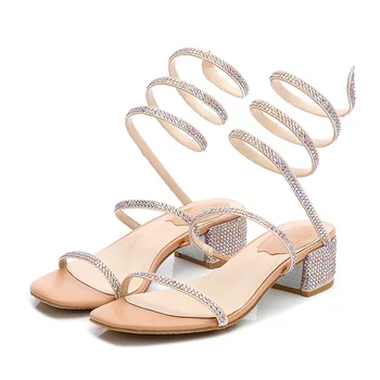 

2020 New Korean Chunky-Heel Surest Serpentine around the Drill Strap Rhinestone Open-Toe Sandals Female womans Shoes