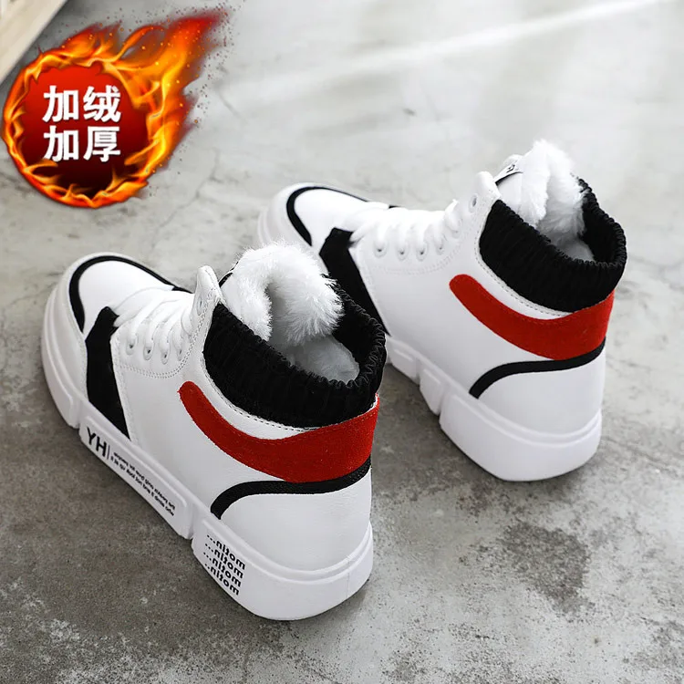 white red White Shoes Woman Sneakers Platform High Top Sneakers Warm womens Winter Fur Sneakers Female Casual Outdoor Snow Shoes - Цвет: white red