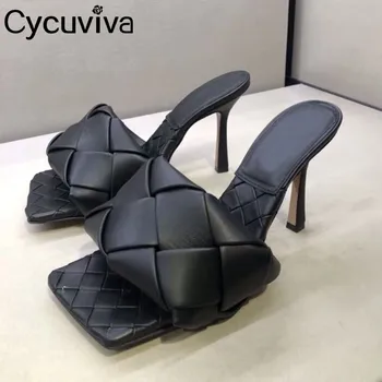 

New Cross Woven Square Toe Slippers Women Thin High Heels Shoes Femme Braided Designer Sandals 2020 Summer Party Ladies Shoes