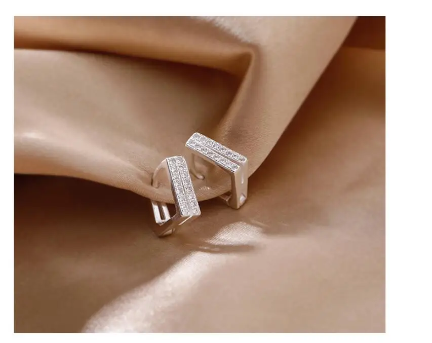 925 Sterling Silver Piercing Double Row Crystal Sqaure Charm Hoop Earring For Women Wedding Earing Jewelry Accessories eh313
