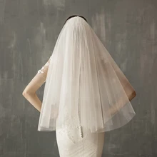 V634 Elegant Elbow Bridal Veil 2-Layer Plain Tulle White Wedding Veil with Hair Comb for Bride 80x55cm