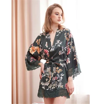 

Fdfklak Sexy Gowns For Women Lace Bathrobe Summer Silk Robe Dressing Gown Sleepwear Black/White Print Bride Robe