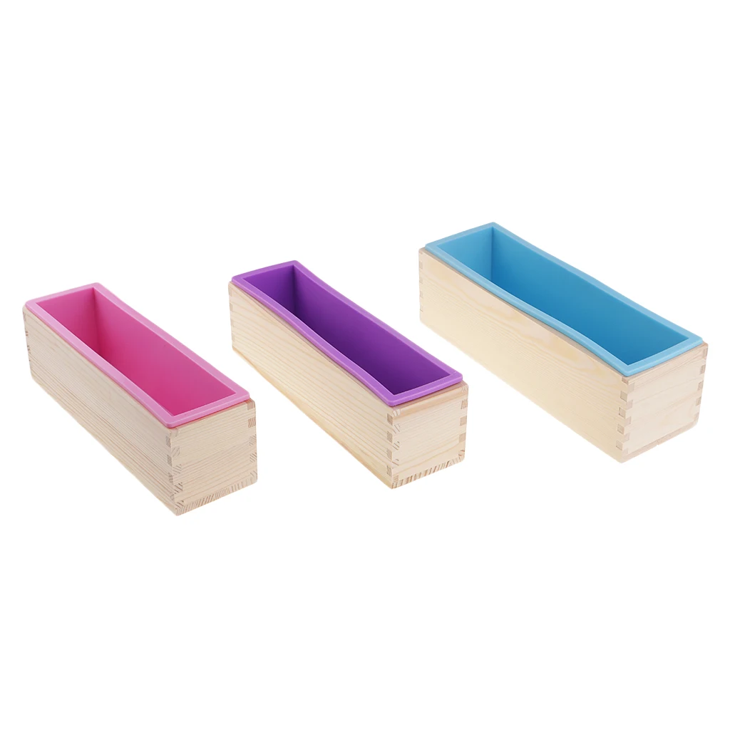 3 Pieces Rectangle Silicone Soap Mold Moulds with Wooden Box Including Matching Lid DIY Toast Loaf Soap Mold, 900ml/1200ml