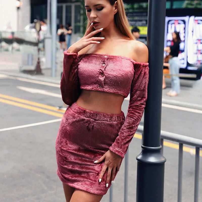 

Goocheer 2019 Slash Neck Off Shoulder Backless Crop Tops Flannel Short Skirt Autumn 2 Piece Set Women Autumn Long Sleeve Suits