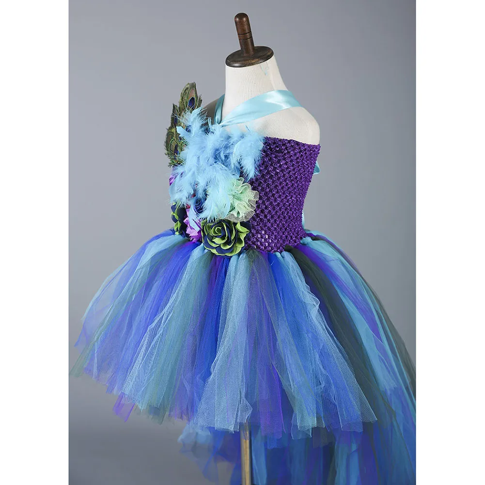 Elegant Princess Peacock Feather Dress for Girls Tutu Dress Long Tail Girls Party Dress Kids Flower Christmas Dress Girl Clothes