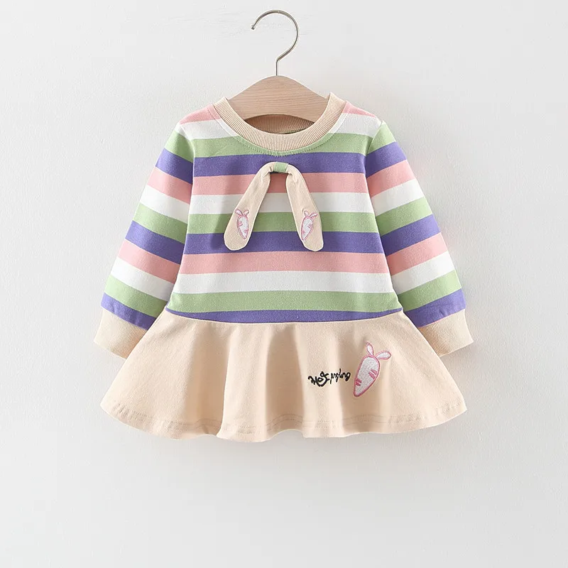 Baby Girls Dress Autumn Winter Cotton Long Sleeved Princess Dress Toddler Rainbow Striped Carrot Dress Children Bow Dress