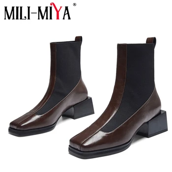 

MILI-MIYA Fashion Square Toe Slip On Women Cow Leather Ankle Boots Stretch Fabric Thick Heels Solid Color Handmade For Ladies