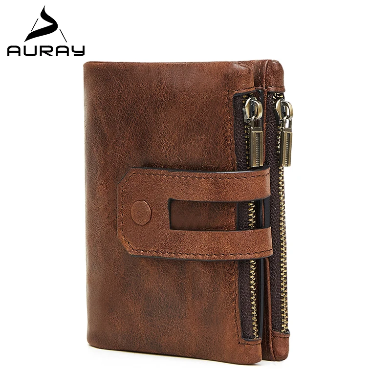 Мужской короткий кошелек AURAY Черный винтажный из натуральной кожи на молнии с