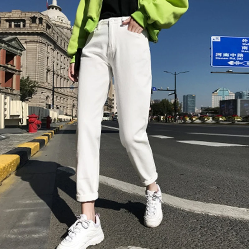 Хлопковые белые джинсы для женщин шаровары с высокой талией в винтажном стиле 2020