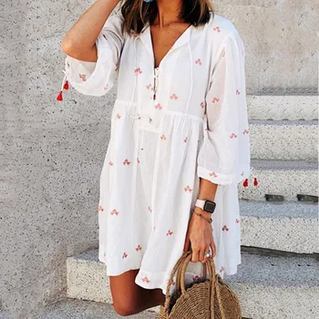

2020 autumn new white printed V-neck drawstring loose casual dress women's boho vacation style sexy beach dress plus size