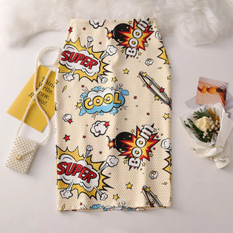 Photo Color 202 New spring 21 colors High Waist Cartoon Mickey Skirt Print Knee Length Skirts Women Harajuku Stretchy Pencil Skirt yy203 - Цвет: Photo Color 202