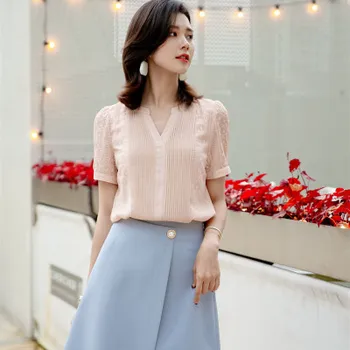 

V-neck chiffon shirt wrinkled women 2020 new gray