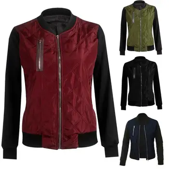 

Women Color Block Quilted Zip up Long Sleeve S-liming Short Baseball Jacket Coat clothing
