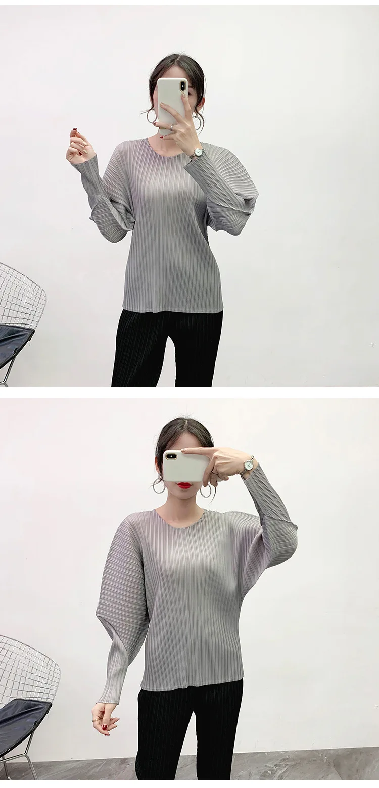 Японский стиль Miyake, классические топы, женская мода, новинка, зима, круглый вырез, рукав-фонарик, одноцветная футболка, плиссированная, высокое качество, рубашка