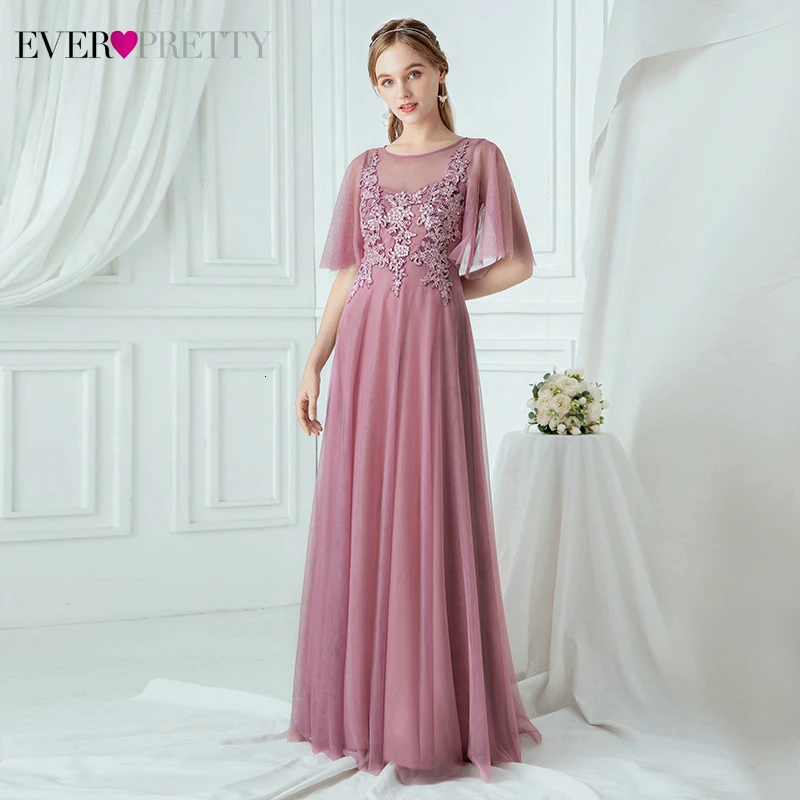 

Dusty Pink Prom Dresses Ever Pretty EP00747OD Appliques Ruffles Sleeve A-Line O-Neck Tulle Long Party Gowns Gala Jurken Dames