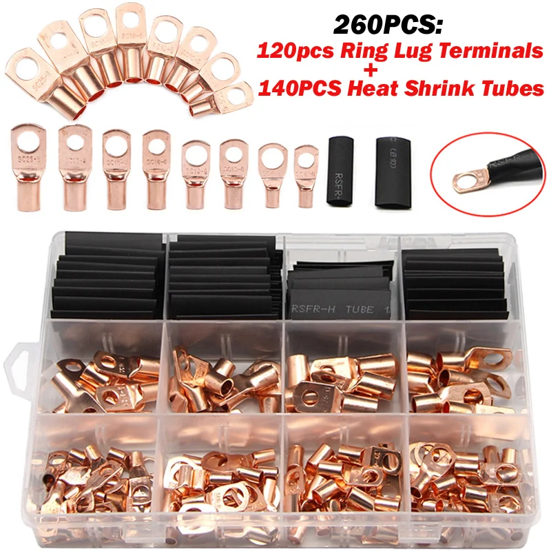 

120CPS Car Auto Copper Ring Lug Battery Terminal Wire Crimp Connector lug terminals Assortment Bare