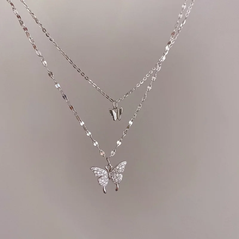 New Shiny Butterfly Necklace Ladies Exquisite Double Layer Clavicle