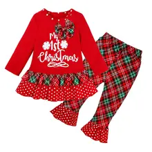 Наряд для дня рождения и Рождества для маленькой девочки изысканные комплекты одежды футболка юбка-пачка с бантом топ+ штаны с оборками комплект из 2 предметов нарядный спортивный комплект