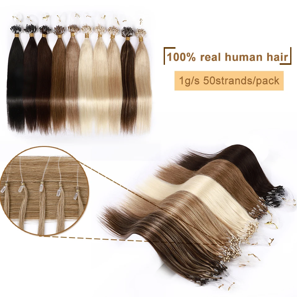 S-noilite 50pcs 1g Micro Loop Human Hair Extension Micro Link Ring Keratin Capsule Straight Natural Hair Bundles Extension