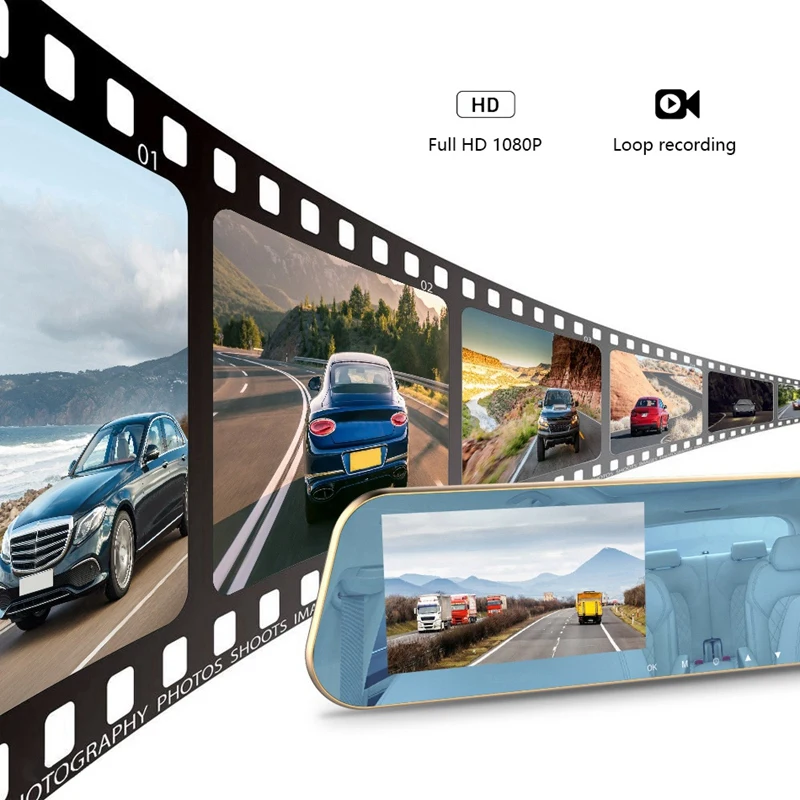 Full HD 1080P Автомобильный видеорегистратор с сенсорным экраном, две камеры, зеркало заднего вида, ночное видение, видеорегистратор, цифровой видеорегистратор