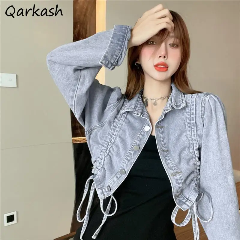 

Джинсовая укороченная куртка с отложным воротником, простая винтажная уличная одежда, праздничная Повседневная Базовая Элегантная модная мягкая шикарная верхняя одежда