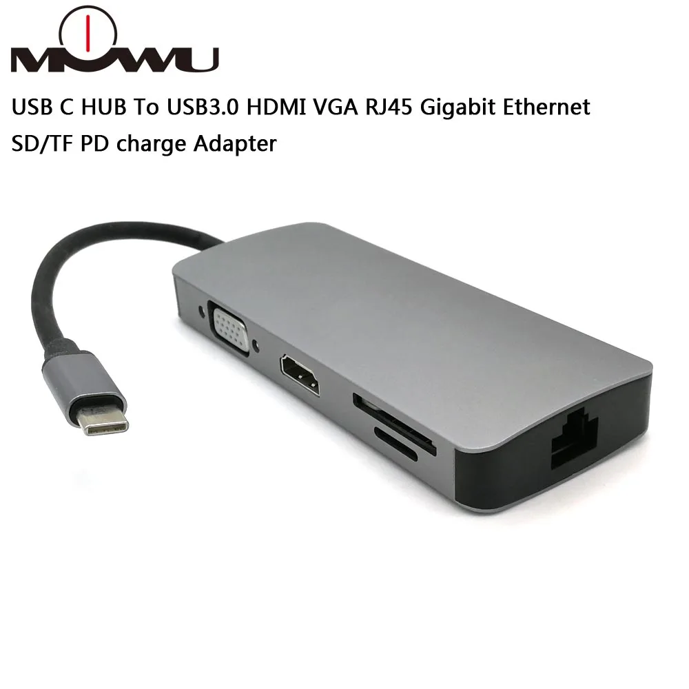 USB C концентратор к USB3.0 HDMI VGA RJ45 Gigabit Ethernet SD/TF PD адаптер зарядки USB C док-станция Тип c хаб-конвертер 8 в 1