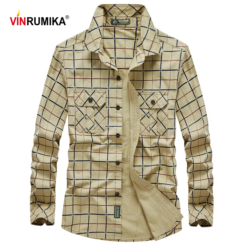

2022 Spring Autumn Large Size M-5XL Men's Business Casual 100% Cotton Khaki Grid Long Sleeve Shirts Male Army Green Plaid Shirt