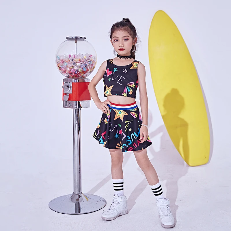 

2019 New Hip Hop Dance Costumes Kids Fashion Printed Short Sleeved Tops Skirts Jazz Dancing Child Costume Girls Street Clothes