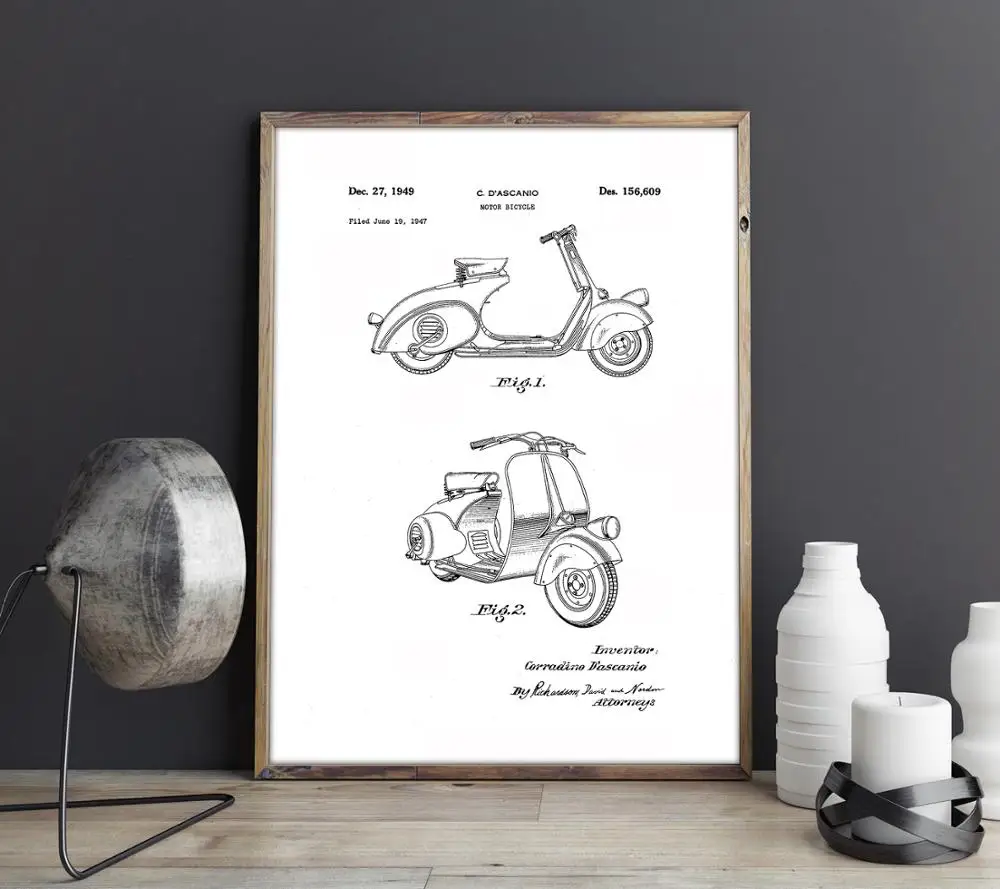 Запатентованный мотоцикл Vespa, Модель 1949 года, произведение искусства на мотоцикле, настенное искусство, плакат, декор комнаты, принт, схема, украшения стен