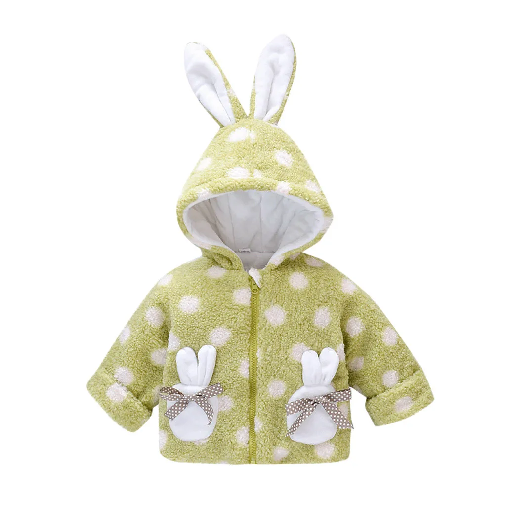 Baby Children Girl Winter Warm Loose Coat Zipper Bow Little Rabbit Pocket Rabbit Ear Hodded Dot Pattern Jacket Parkas Outwear#g4