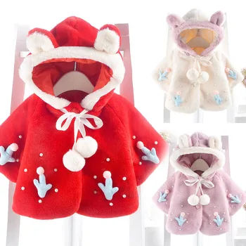 

3 Colors Baby Girls Cotton Coat Hooded Winter Short Coat New Baby Thicken Flannel Cute Cartoon Tops 0-2T Warm Children Outwear