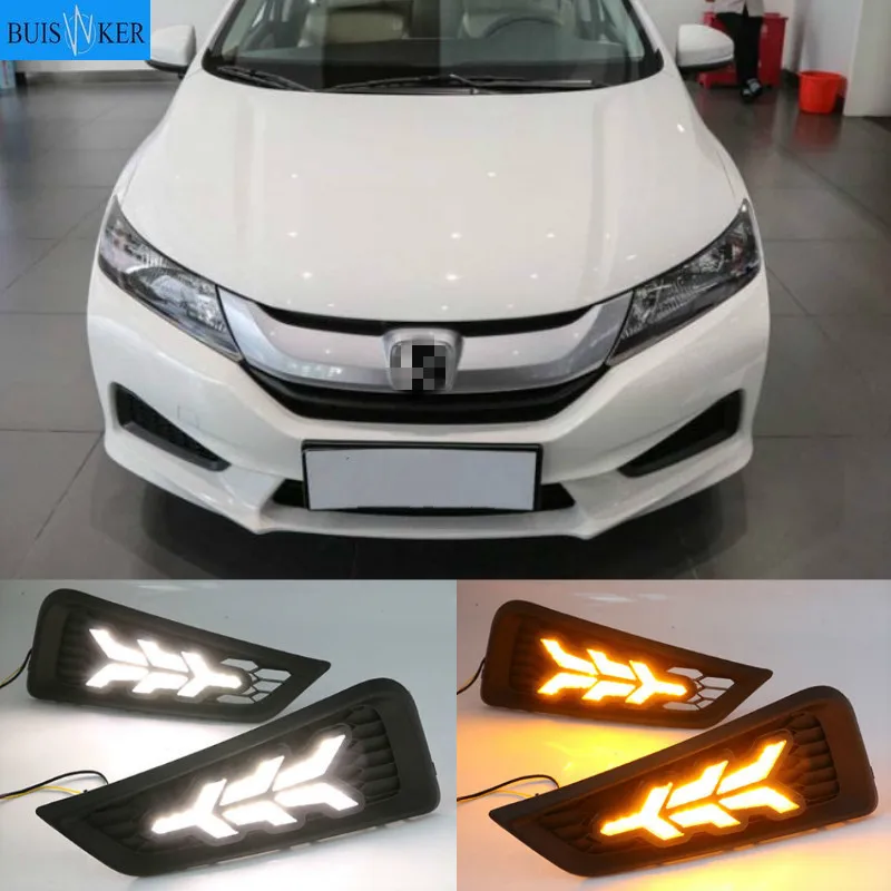 

Дневные ходовые огни, дневные ходовые огни, 1 комплект, 12 В, противотуманные фары из АБС-пластика с желтым поворотным сигналом для Honda City 2015 2016